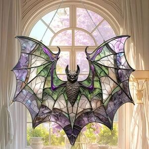🦇 New! Spooky Acrylic Bat Suncatcher w Chain Stained Glass Look Halloween Decor